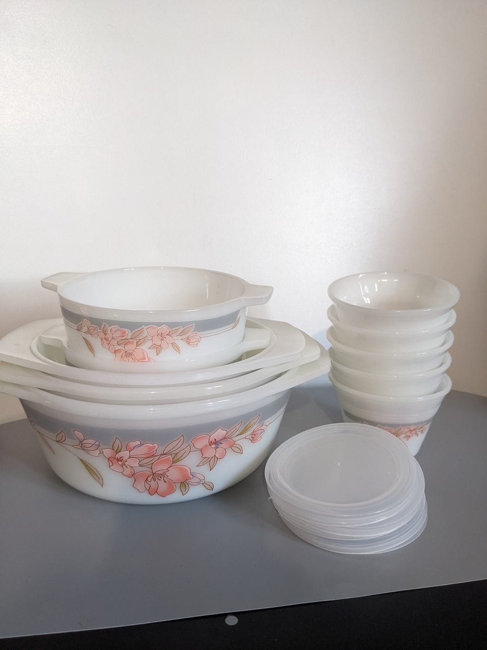 Vintage Indopal Opal Glass Floral Serving Set Ten Piece Made In Indonesia